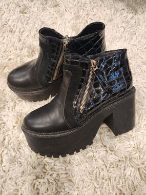 Chunky Black Platform Ankle Boots with Croc-Texture Panels
